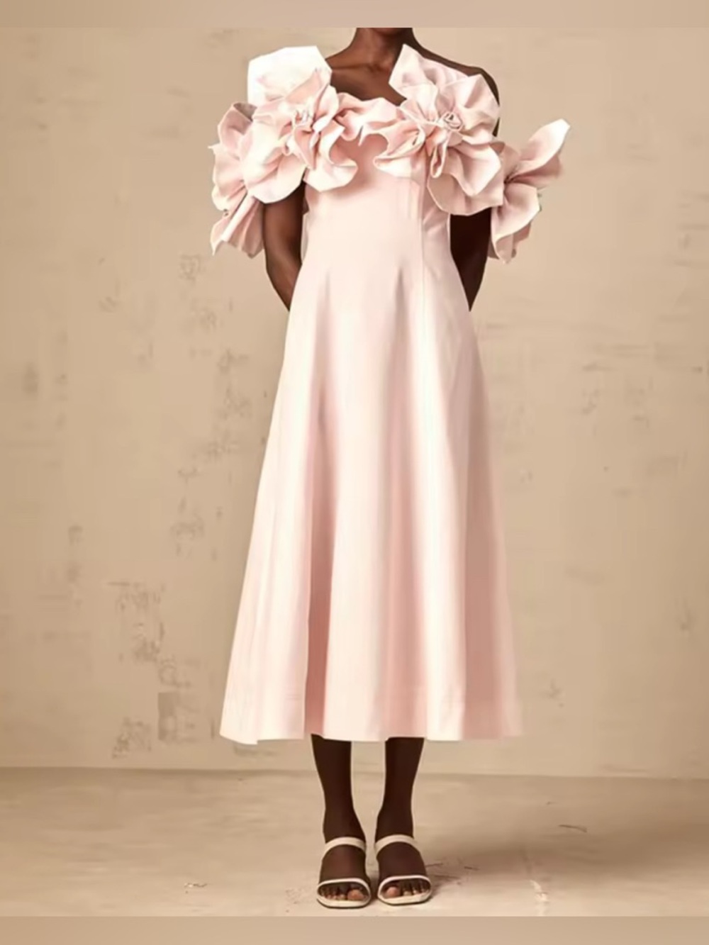 NEW $225 Penoy Blush 3D Floral Off-Shoulder Midi Dress